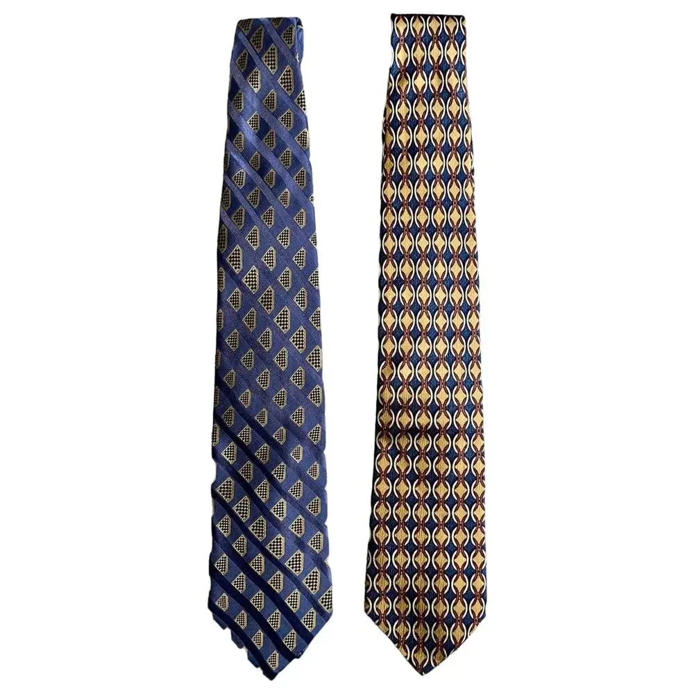Lands' End Men's Ties Set Of Two 100% Silk Neck Ties Geometric‎ Blue Yellow EUC